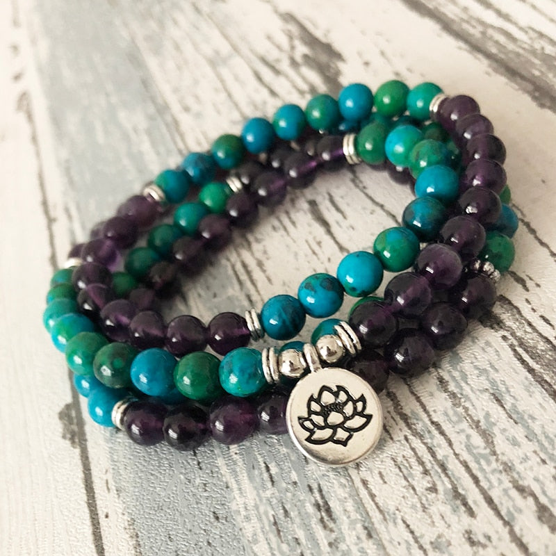 Natural Amethyst and Chrysocolla Mala Bracelet - Spiritual Bliss Shop
