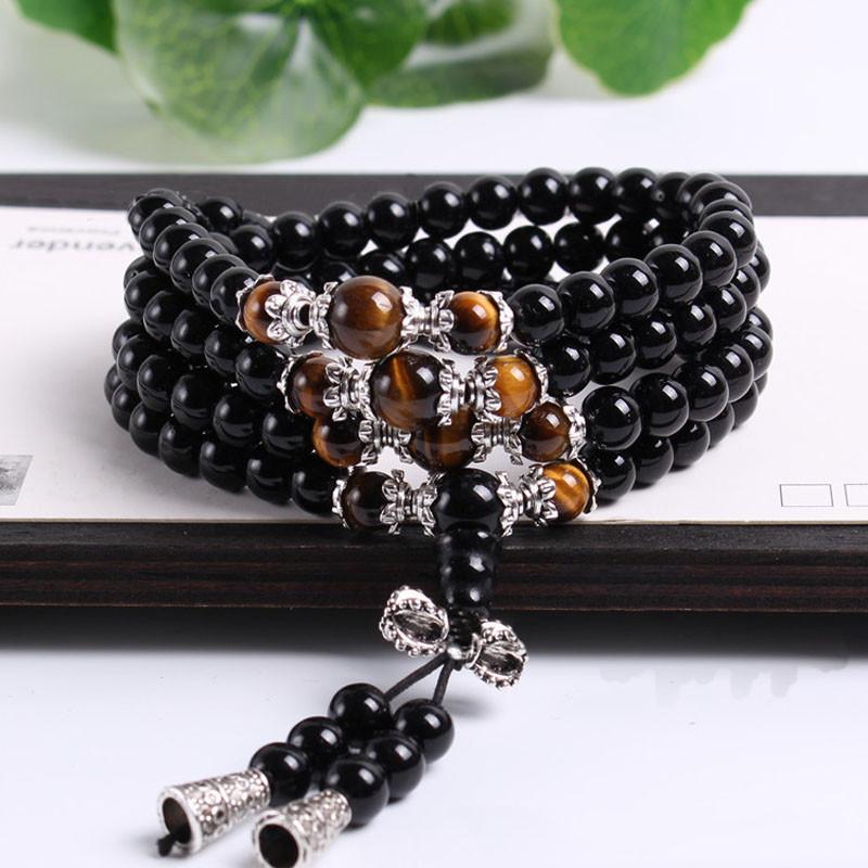 Buddhist Natural Tiger's Eye & Obsidian Mala - Spiritual Bliss Shop