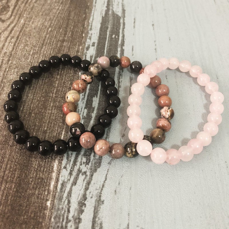 Natural Rose Quartz, Rhodonite & Black Onyx Comforting Energies Bracelets - Spiritual Bliss Shop