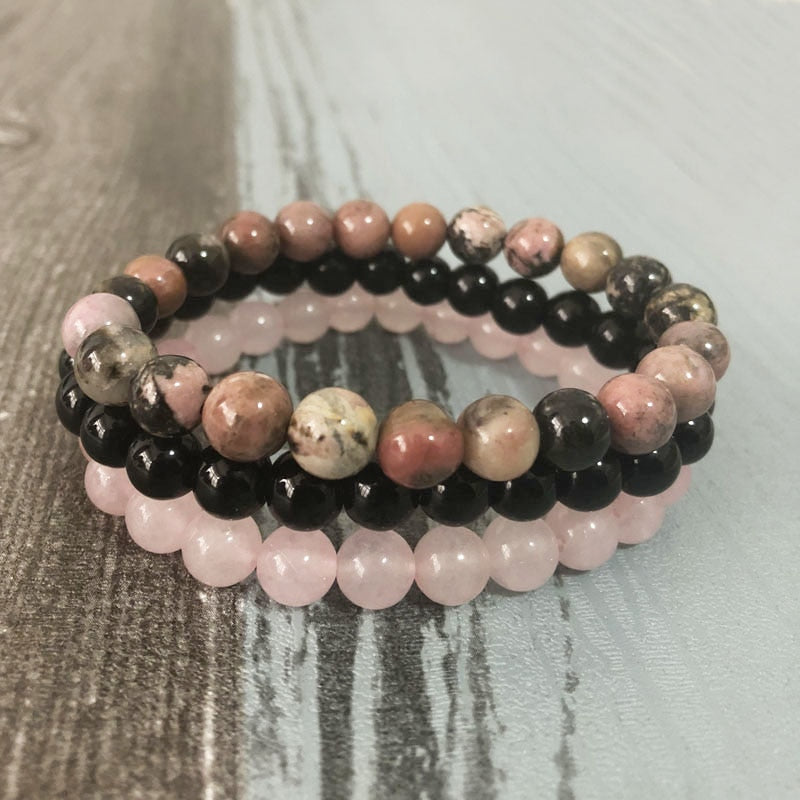 Natural Rose Quartz, Rhodonite & Black Onyx Comforting Energies Bracelets - Spiritual Bliss Shop