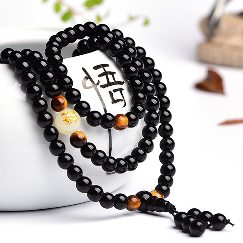 Onyx & Tiger's Eye Mala Bracelet with Luminous Dragon Bead - Spiritual Bliss Shop
