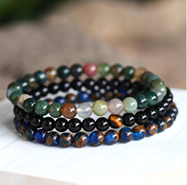 Premium Gemstones Triple Bracelets (Indian Agate, Lapis Lazuli, Black Onyx & Tiger's Eye) - Spiritual Bliss Shop