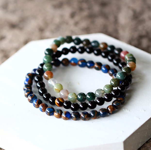 Premium Gemstones Triple Bracelets (Indian Agate, Lapis Lazuli, Black Onyx & Tiger's Eye) - Spiritual Bliss Shop
