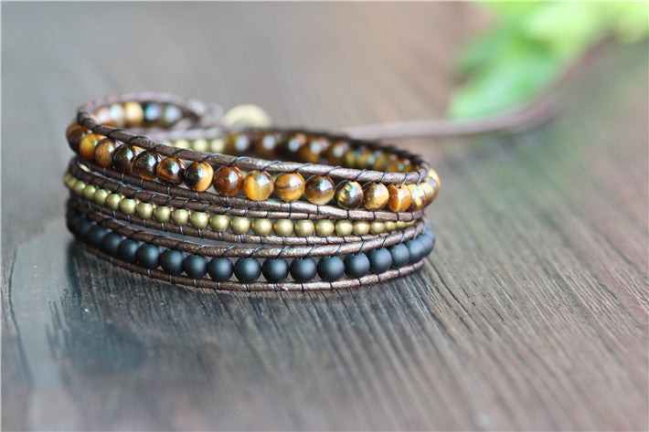 Tiger's Eye & Black Onyx Leather Wrap Bracelet - Spiritual Bliss Shop