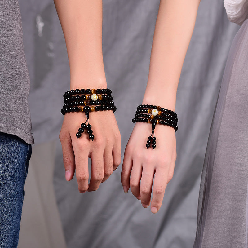 Onyx & Tiger's Eye Mala Bracelet with Luminous Dragon Bead - Spiritual Bliss Shop