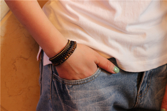 Tiger's Eye & Black Onyx Leather Wrap Bracelet - Spiritual Bliss Shop