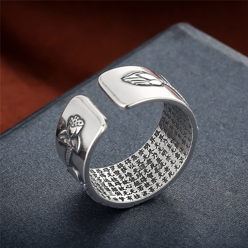 Silver Resizable Heart Sutra Lotus Ring - Spiritual Bliss Shop