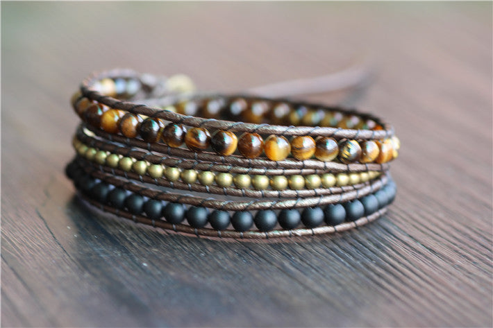 Tiger's Eye & Black Onyx Leather Wrap Bracelet - Spiritual Bliss Shop