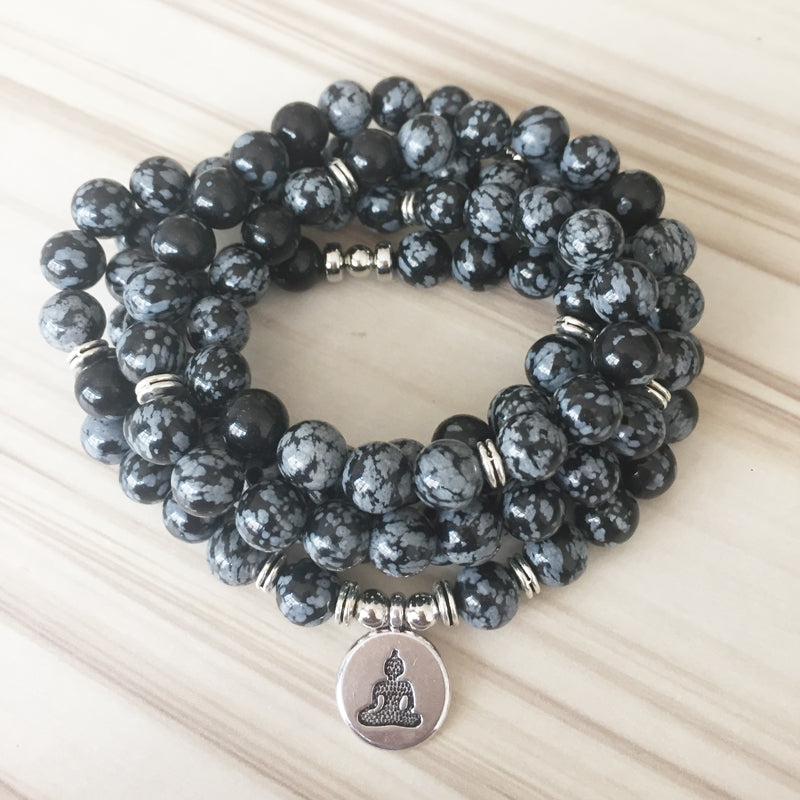 Buddhist Natural Snowflake Obsidian Mala - Spiritual Bliss Shop