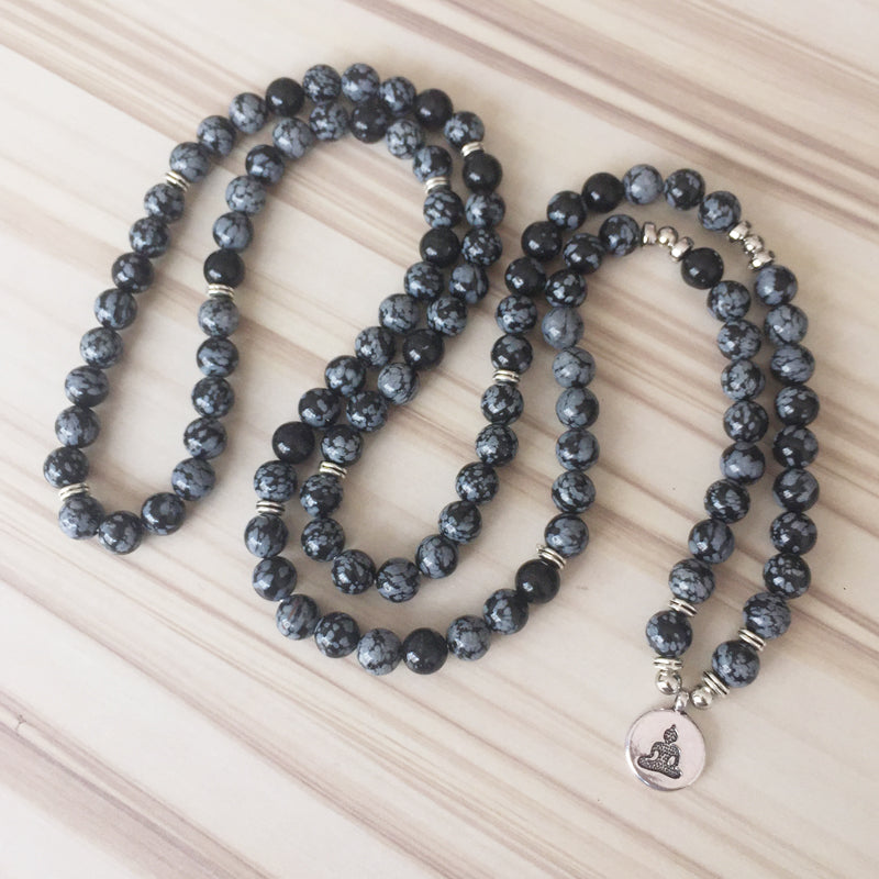 Buddhist Natural Snowflake Obsidian Mala - Spiritual Bliss Shop