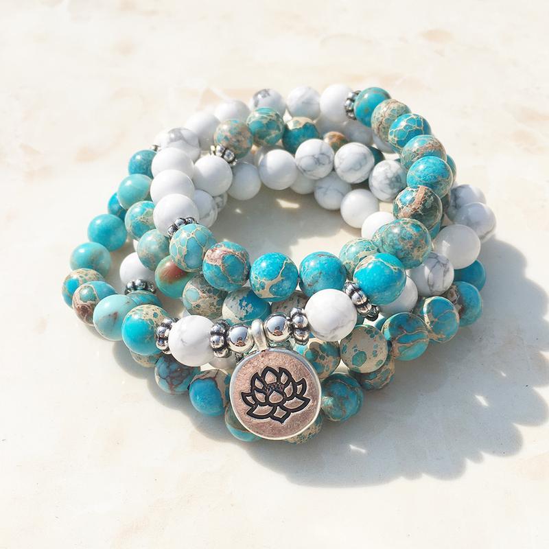 Natural Howlite & Ocean Jasper Mala Bracelet - Spiritual Bliss Shop