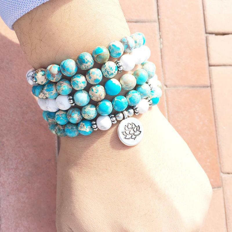 Natural Howlite & Ocean Jasper Mala Bracelet - Spiritual Bliss Shop