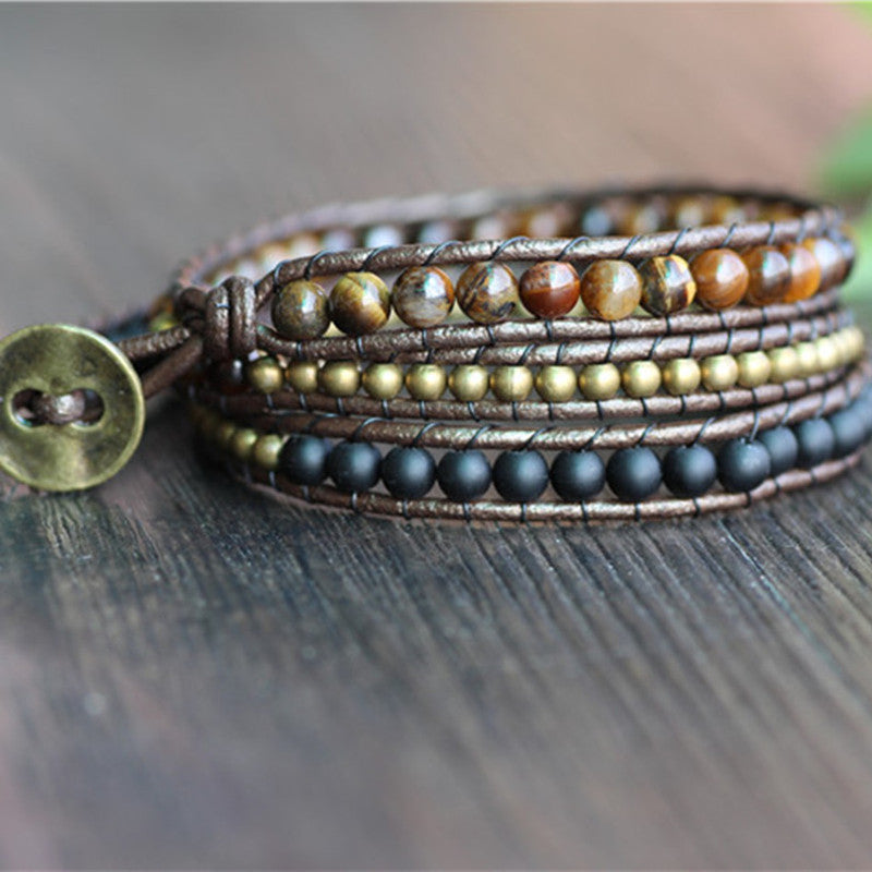 Tiger's Eye & Black Onyx Leather Wrap Bracelet - Spiritual Bliss Shop