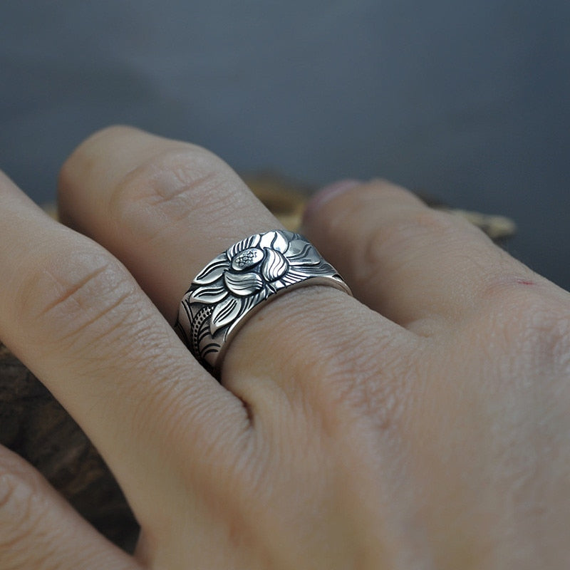 Silver Resizable Heart Sutra Lotus Ring - Spiritual Bliss Shop