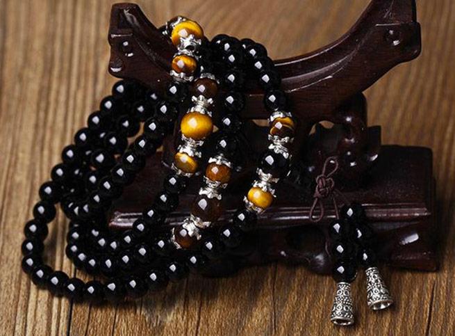 Buddhist Natural Tiger's Eye & Obsidian Mala - Spiritual Bliss Shop