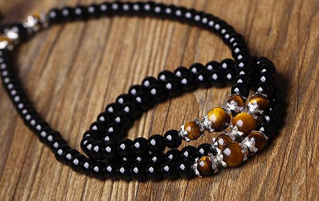 Buddhist Natural Tiger's Eye & Obsidian Mala - Spiritual Bliss Shop