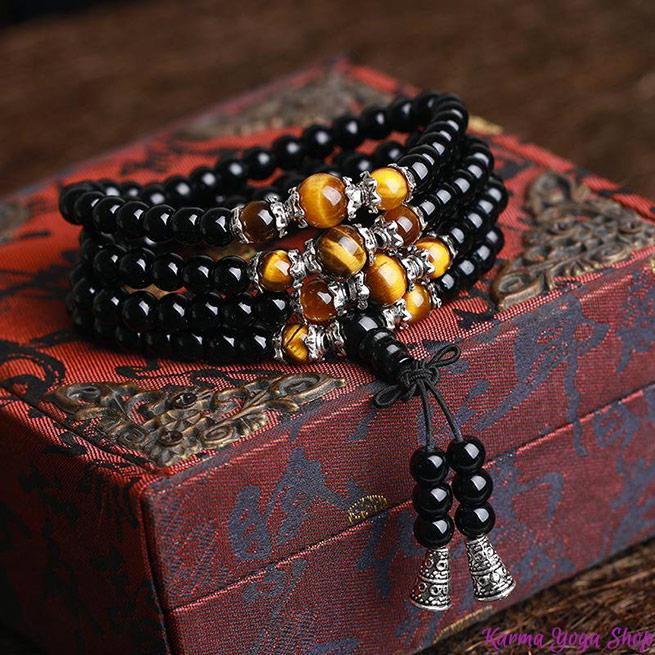 Buddhist Natural Tiger's Eye & Obsidian Mala - Spiritual Bliss Shop