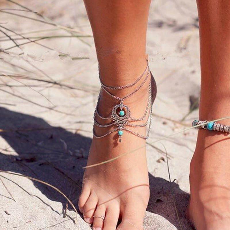Silver ankle chain + 2 Turquoise Charms - Spiritual Bliss Shop