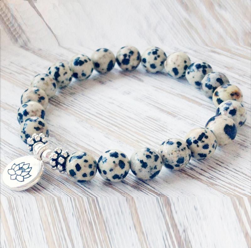Dalmatian Jasper Bracelet with Lotus Charm - Spiritual Bliss Shop