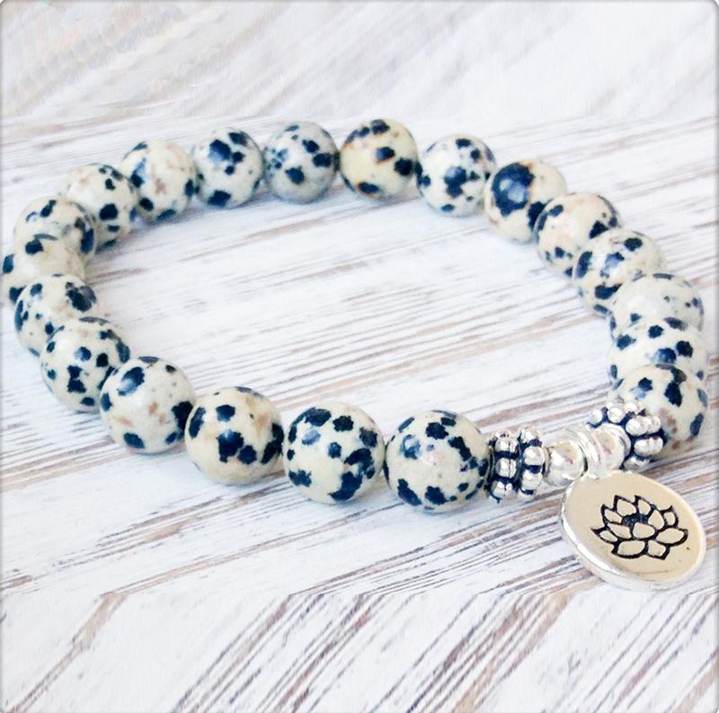 Dalmatian Jasper Bracelet with Lotus Charm - Spiritual Bliss Shop