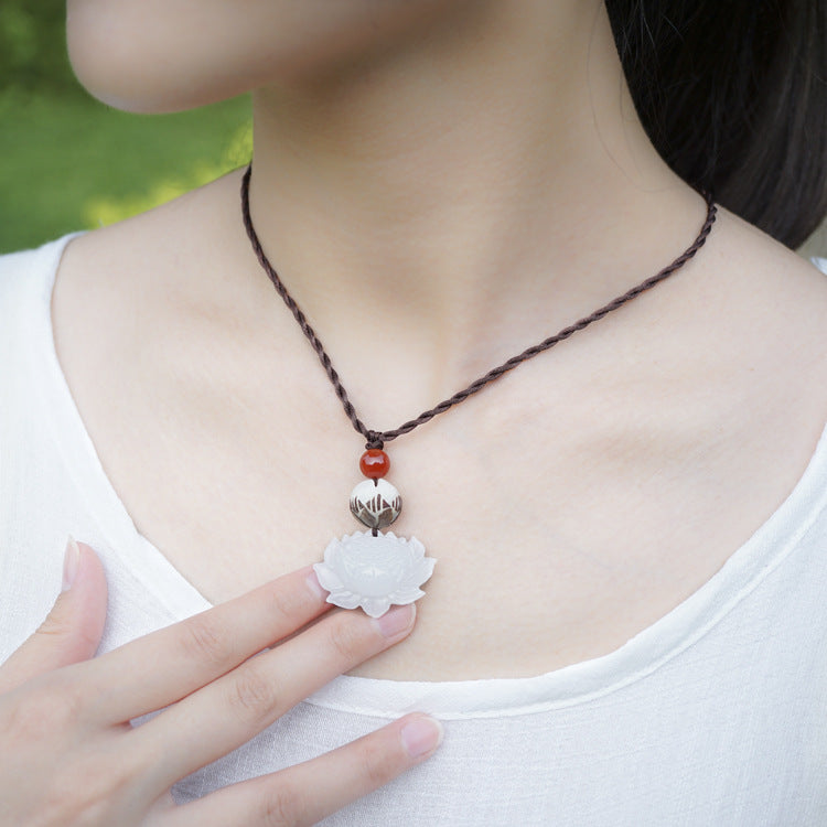 Natural White Jade Lotus Flower Necklace - Spiritual Bliss Shop