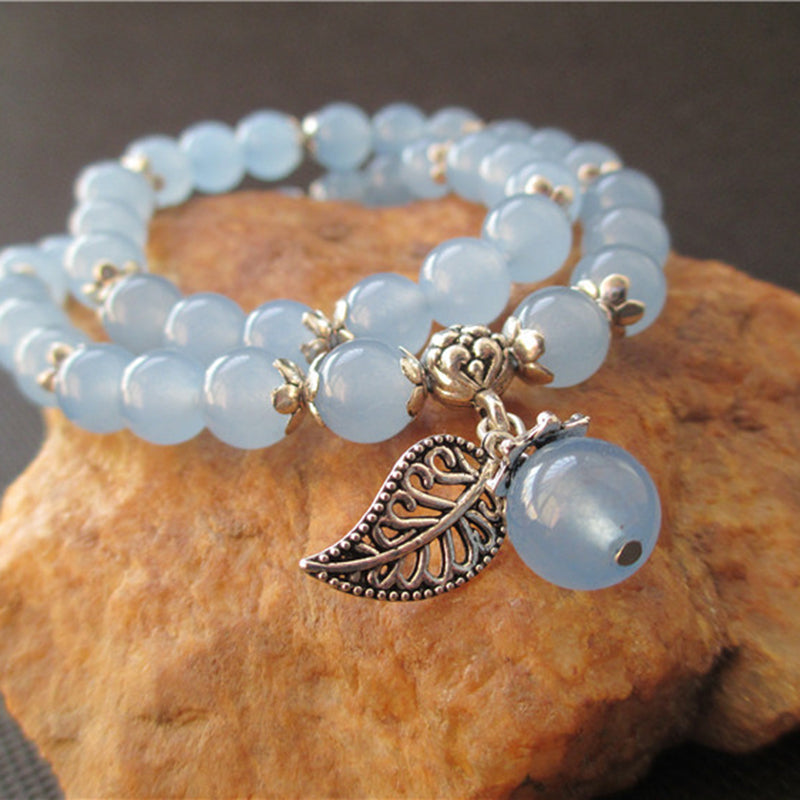 Blue Fluorite Bracelet With Lucky Tibetan Leaf Charm - Spiritual Bliss Shop