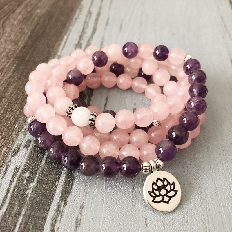 Natural Rose Quartz & Amethyst Mala Bracelet - Spiritual Bliss Shop