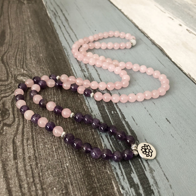 Natural Rose Quartz & Amethyst Mala Bracelet - Spiritual Bliss Shop
