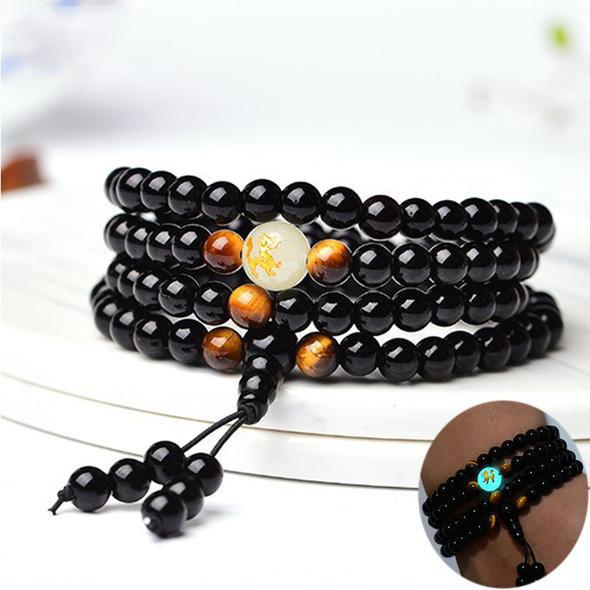 Onyx & Tiger's Eye Mala Bracelet with Luminous Dragon Bead - Spiritual Bliss Shop