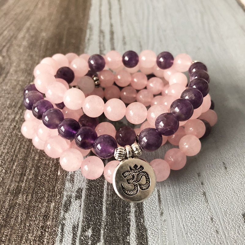 Natural Rose Quartz & Amethyst Mala Bracelet - Spiritual Bliss Shop