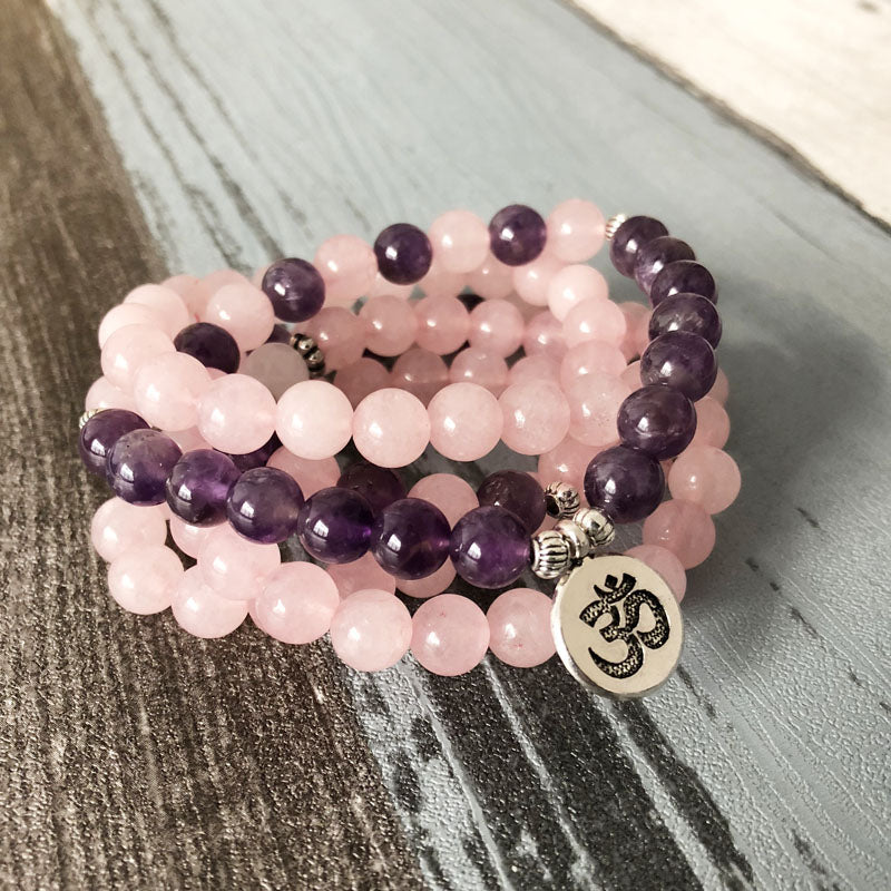 Natural Rose Quartz & Amethyst Mala Bracelet - Spiritual Bliss Shop